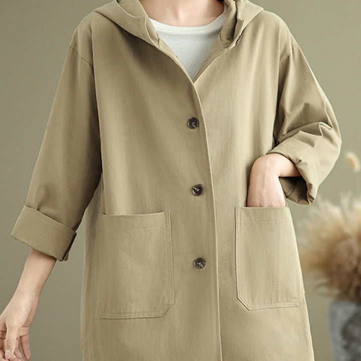 Chaqueta de lino y algodón con capucha vintage de otoño con estampado de Buddha Stones y bolsillos delanteros para mujer - image 11