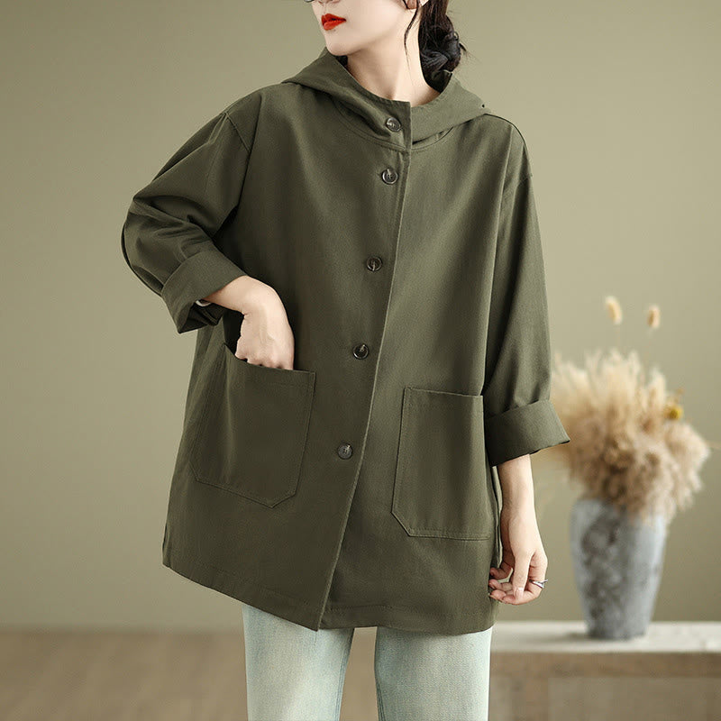 Chaqueta de lino y algodón con capucha vintage de otoño con estampado de Buddha Stones y bolsillos delanteros para mujer - image 3