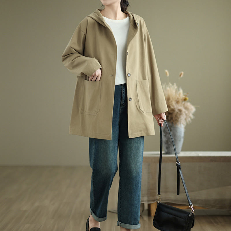 Chaqueta de lino y algodón con capucha vintage de otoño con estampado de Buddha Stones y bolsillos delanteros para mujer - image 12