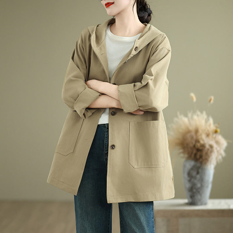 Chaqueta de lino y algodón con capucha vintage de otoño con estampado de Buddha Stones y bolsillos delanteros para mujer - Vara de oro pálida - US12，UK/AU16，EU44 (XL) - image 7