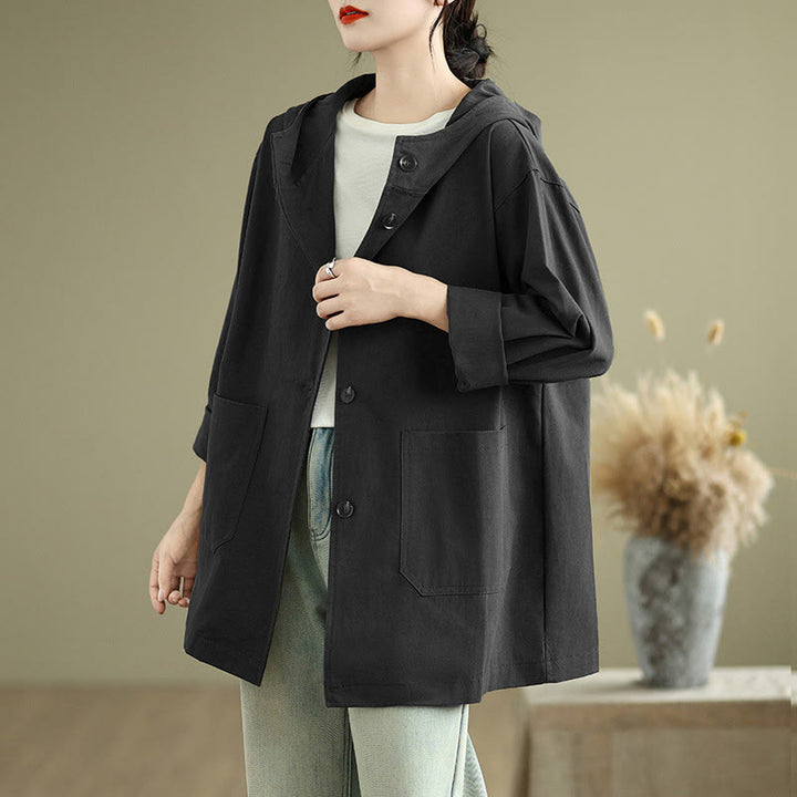 Chaqueta de lino y algodón con capucha vintage de otoño con estampado de Buddha Stones y bolsillos delanteros para mujer - Negro - US12，UK/AU16，EU44 (XL) - image 17