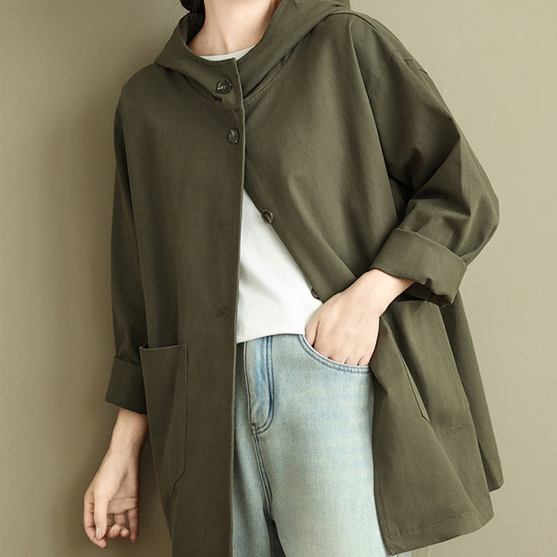 Chaqueta de lino y algodón con capucha vintage de otoño con estampado de Buddha Stones y bolsillos delanteros para mujer - image 4