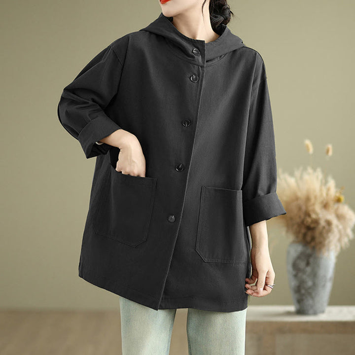 Chaqueta de lino y algodón con capucha vintage de otoño con estampado de Buddha Stones y bolsillos delanteros para mujer - image 18