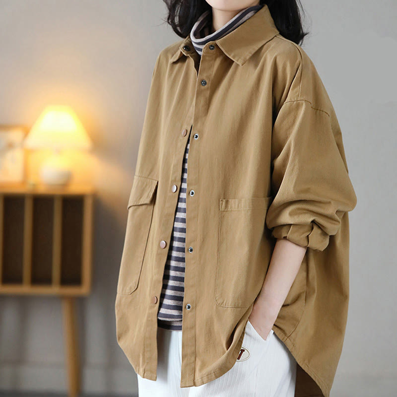 Chaqueta vintage informal de algodón con solapa de color puro y bolsillos para mujer de Buddha Stones - image 2