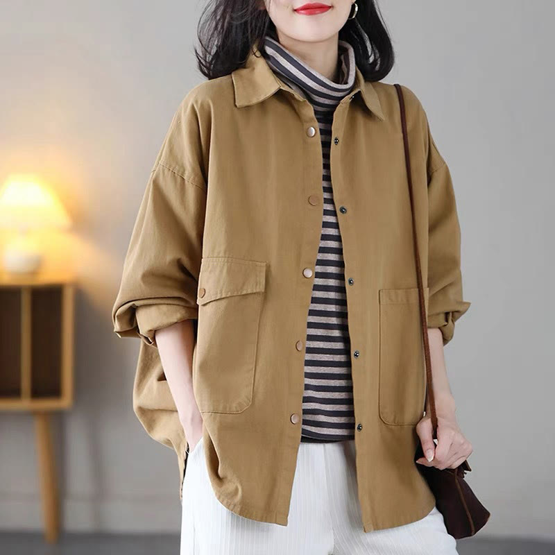 Chaqueta vintage informal de algodón con solapa de color puro y bolsillos para mujer de Buddha Stones - Vara de oro - US14，UK/AU18，EU46 (2XL) - image 0