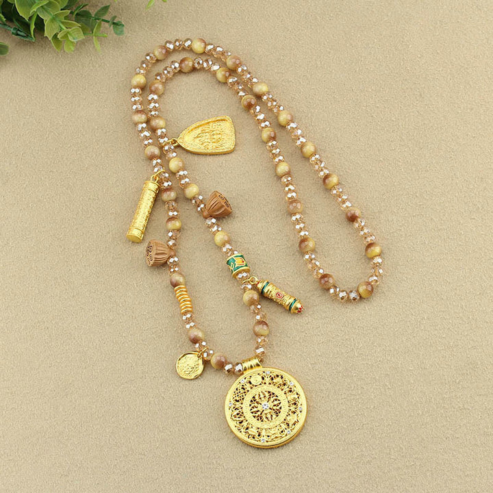 Collar con colgante de cuentas de ojo de tigre dorado con placa redonda de loto tibetano y Buddha Stones - image 10