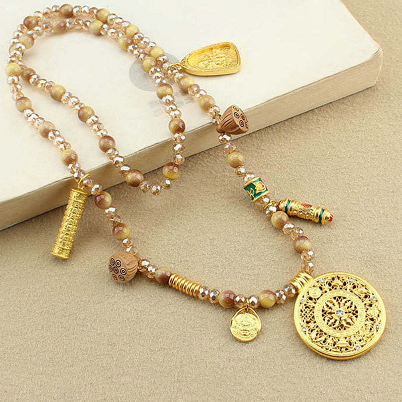 Collar con colgante de cuentas de ojo de tigre dorado con placa redonda de loto tibetano y Buddha Stones - image 3