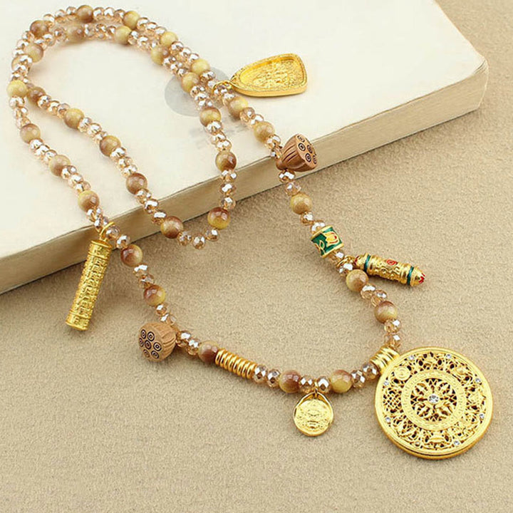 Collar con colgante de cuentas de ojo de tigre dorado con placa redonda de loto tibetano y Buddha Stones - image 3