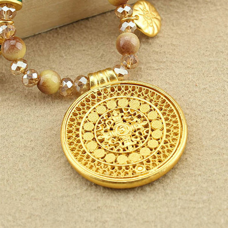 Collar con colgante de cuentas de ojo de tigre dorado con placa redonda de loto tibetano y Buddha Stones - image 13