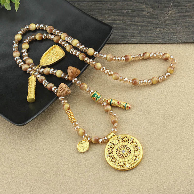 Collar con colgante de cuentas de ojo de tigre dorado con placa redonda de loto tibetano y Buddha Stones - image 8