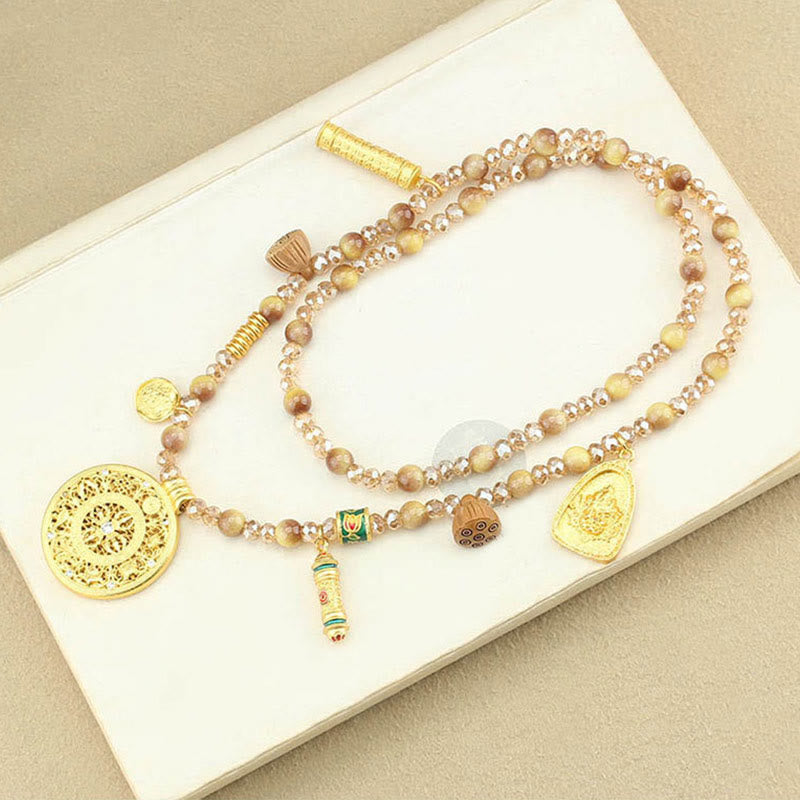 Collar con colgante de cuentas de ojo de tigre dorado con placa redonda de loto tibetano y Buddha Stones - image 11