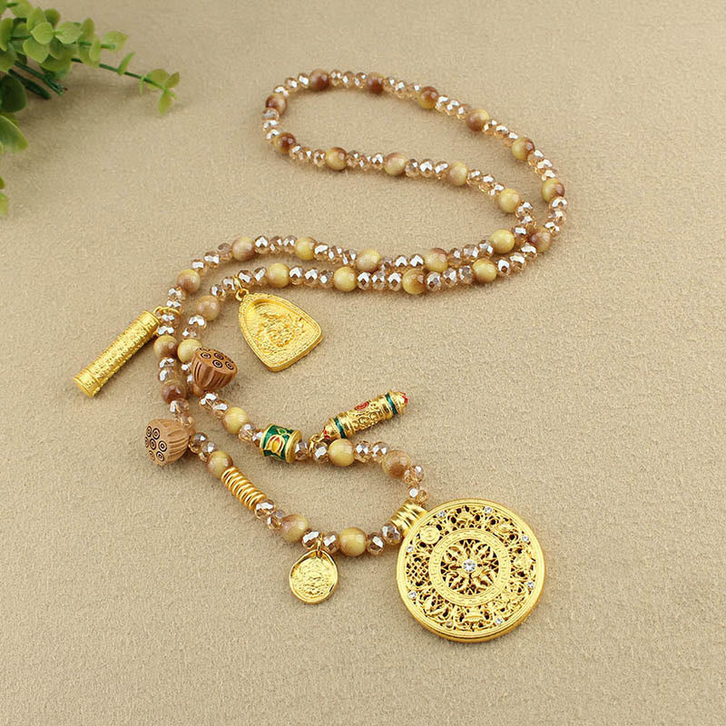 Collar con colgante de cuentas de ojo de tigre dorado con placa redonda de loto tibetano y Buddha Stones - image 9