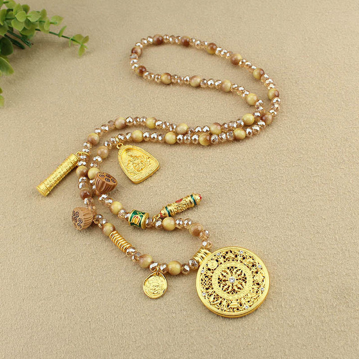 Collar con colgante de cuentas de ojo de tigre dorado con placa redonda de loto tibetano y Buddha Stones - image 9