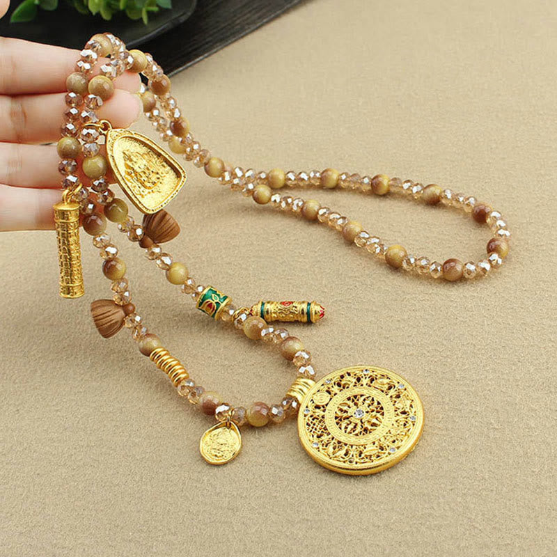 Collar con colgante de cuentas de ojo de tigre dorado con placa redonda de loto tibetano y Buddha Stones - image 5