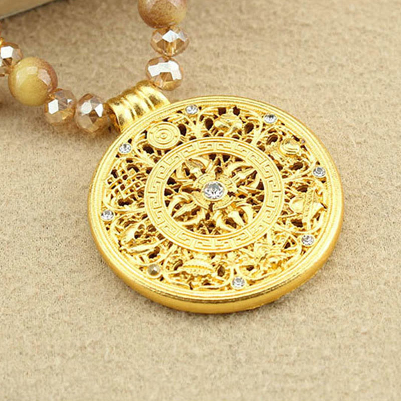 Collar con colgante de cuentas de ojo de tigre dorado con placa redonda de loto tibetano y Buddha Stones - image 14