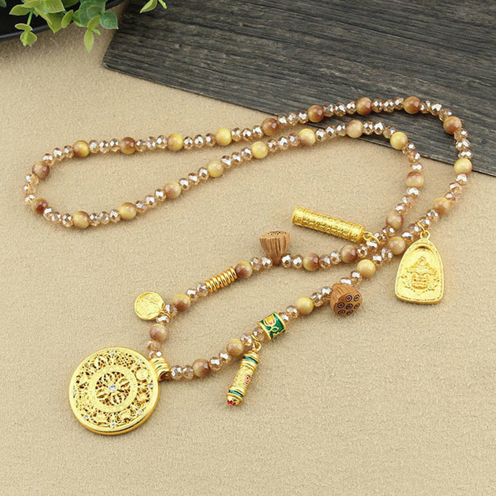 Collar con colgante de cuentas de ojo de tigre dorado con placa redonda de loto tibetano y Buddha Stones - image 4