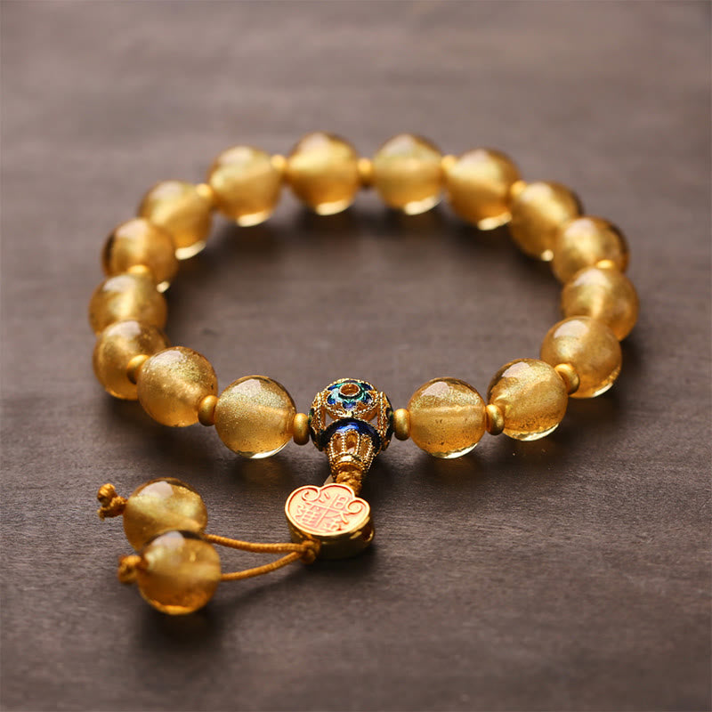 Pulsera de la fortuna con lingotes dorados de Ruyi y cuentas de vidrio Liuli con Buddha Stones y lámina de oro - image 2