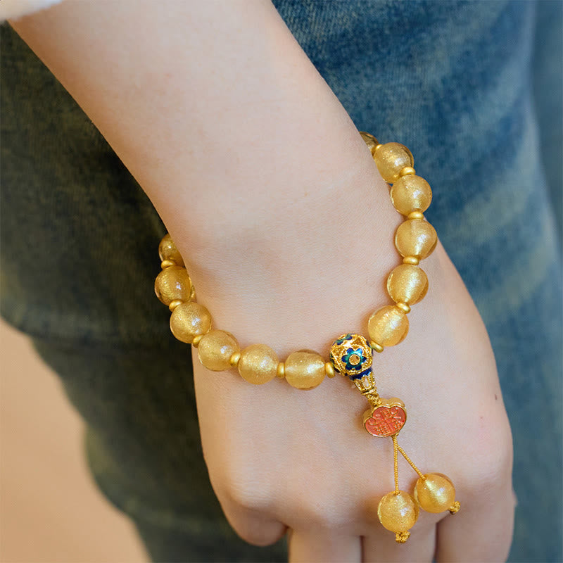 Pulsera de la fortuna con lingotes dorados de Ruyi y cuentas de vidrio Liuli con Buddha Stones y lámina de oro - image 4