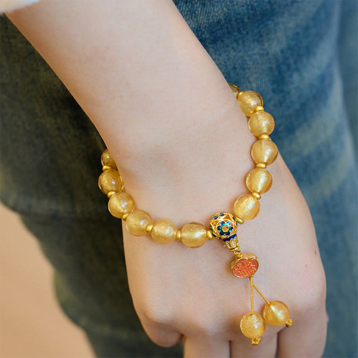 Pulsera de la fortuna con lingotes dorados de Ruyi y cuentas de vidrio Liuli con Buddha Stones y lámina de oro - image 4