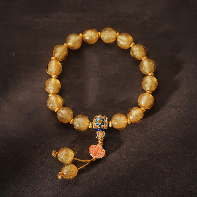 Pulsera de la fortuna con lingotes dorados de Ruyi y cuentas de vidrio Liuli con Buddha Stones y lámina de oro - Liuli de lámina de oro (circunferencia de la muñeca: 14-16,5 cm) - image 1