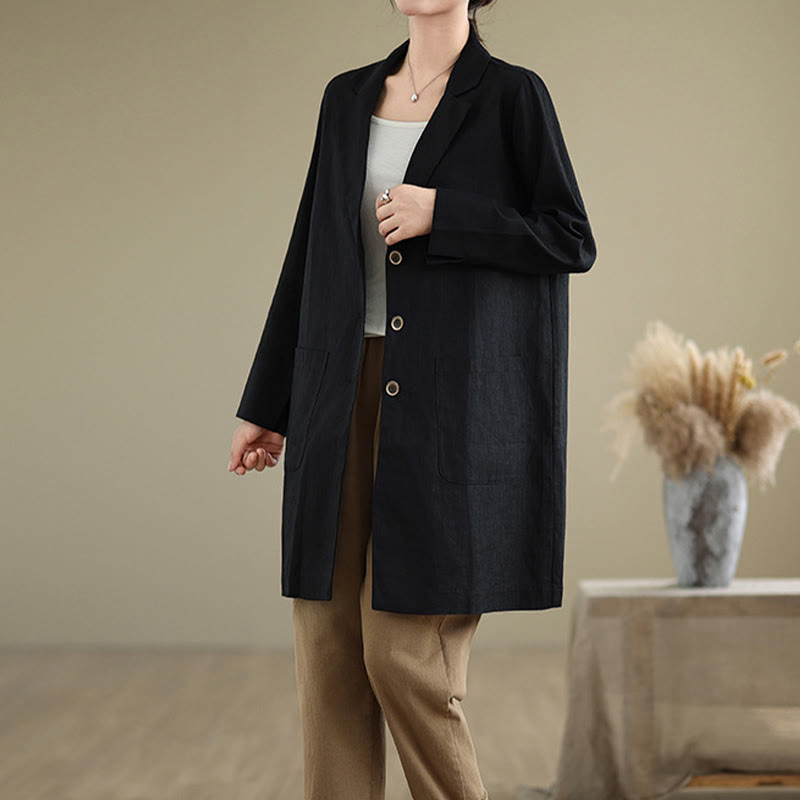 Abrigo de lino y algodón con solapa y diseño informal de botones de otoño con Buddha Stones y bolsillos para mujer - image 3
