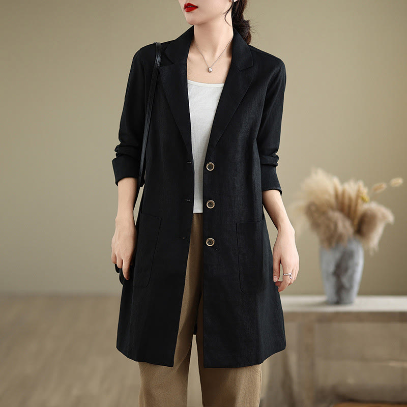 Abrigo de lino y algodón con solapa y diseño informal de botones de otoño con Buddha Stones y bolsillos para mujer - Negro - US8-10，UK/AU12-14，EU40-42 (2XL) - image 1