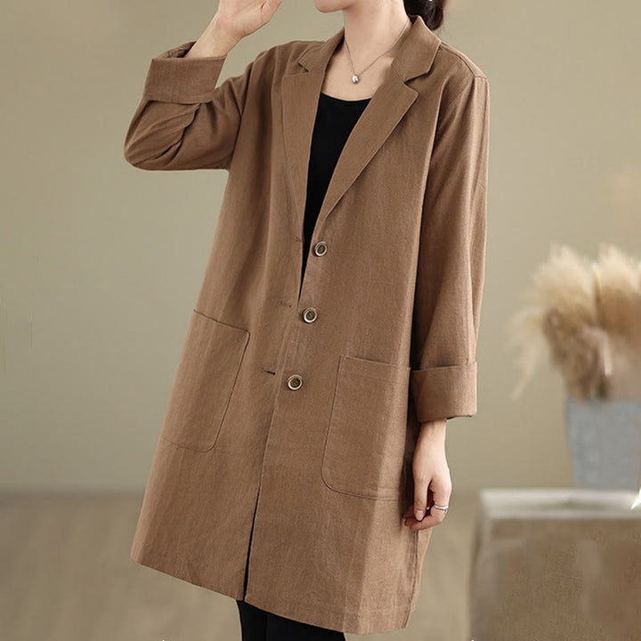 Abrigo de lino y algodón con solapa y diseño informal de botones de otoño con Buddha Stones y bolsillos para mujer - image 10