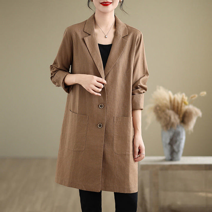 Abrigo de lino y algodón con solapa y diseño informal de botones de otoño con Buddha Stones y bolsillos para mujer - image 7