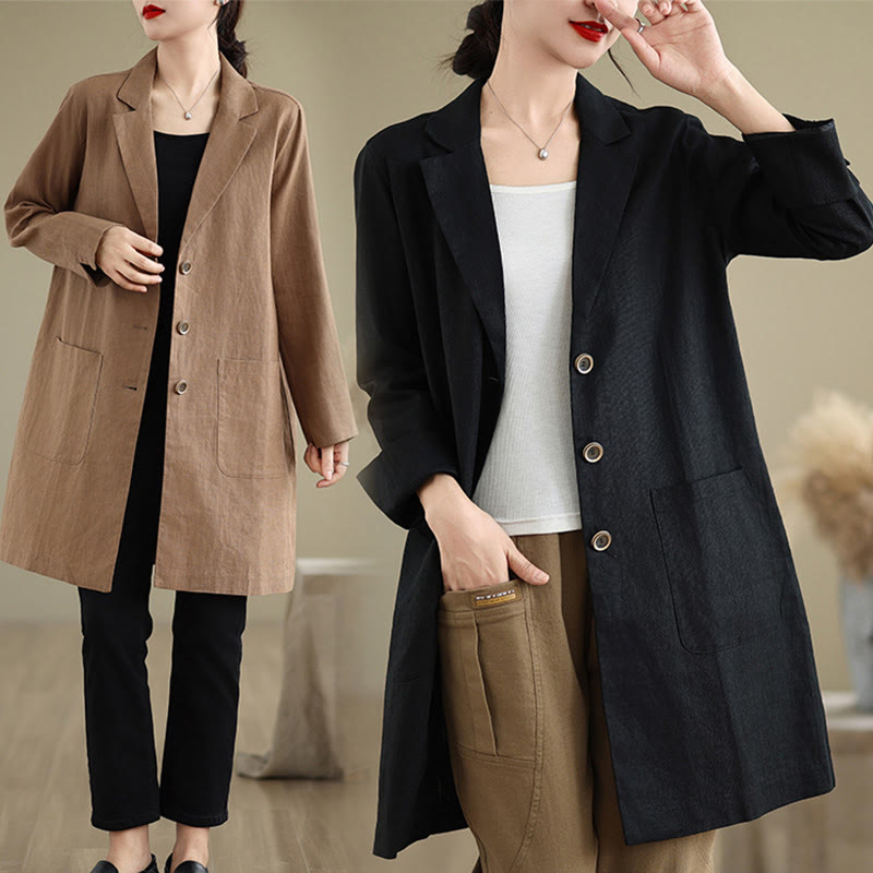 Abrigo de lino y algodón con solapa y diseño informal de botones de otoño con Buddha Stones y bolsillos para mujer - image 16