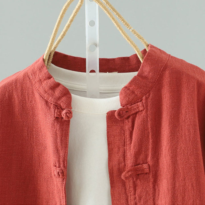 Camisa de lino y algodón con diseño de rana china simple de color liso para mujer de Buddha Stones - image 17