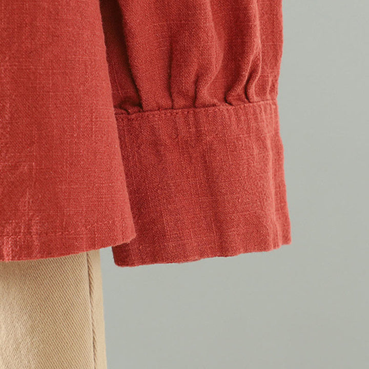 Camisa de lino y algodón con diseño de rana china simple de color liso para mujer de Buddha Stones - image 19