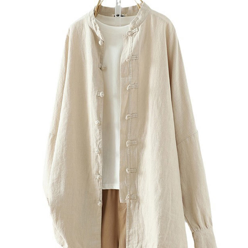 Camisa de lino y algodón con diseño de rana china simple de color liso para mujer de Buddha Stones - image 11