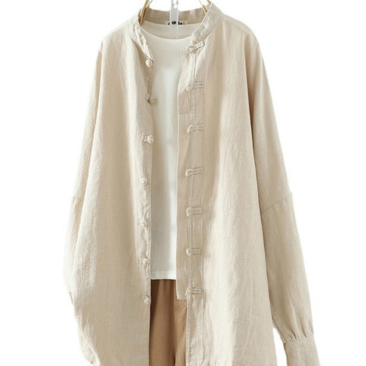Camisa de lino y algodón con diseño de rana china simple de color liso para mujer de Buddha Stones - image 11