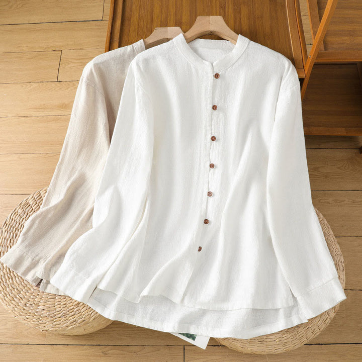 Camisa de lino y algodón para mujer con diseño de abertura y dobladillo simple en color liso con Buddha Stones - image 22