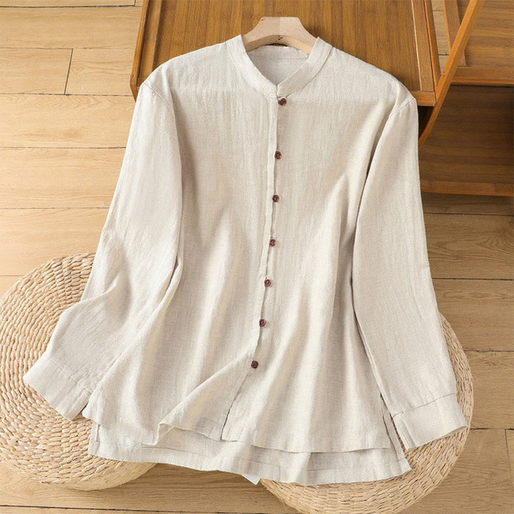 Camisa de lino y algodón para mujer con diseño de abertura y dobladillo simple en color liso con Buddha Stones - Lino - US14，UK/AU18，EU46 (2XL) - image 1