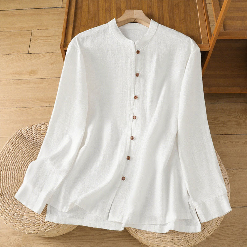 Camisa de lino y algodón para mujer con diseño de abertura y dobladillo simple en color liso con Buddha Stones - Blanco - US14，UK/AU18，EU46 (2XL) - image 11