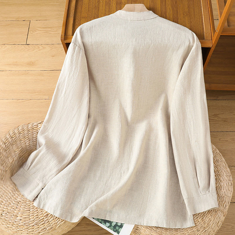 Camisa de lino y algodón para mujer con diseño de abertura y dobladillo simple en color liso con Buddha Stones - image 2