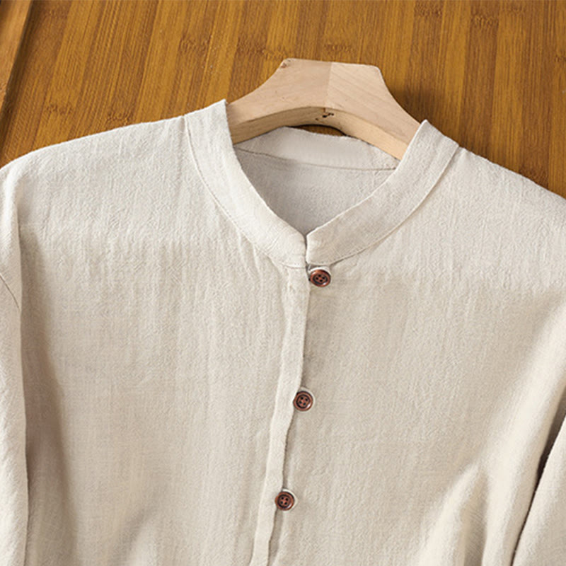 Camisa de lino y algodón para mujer con diseño de abertura y dobladillo simple en color liso con Buddha Stones - image 3