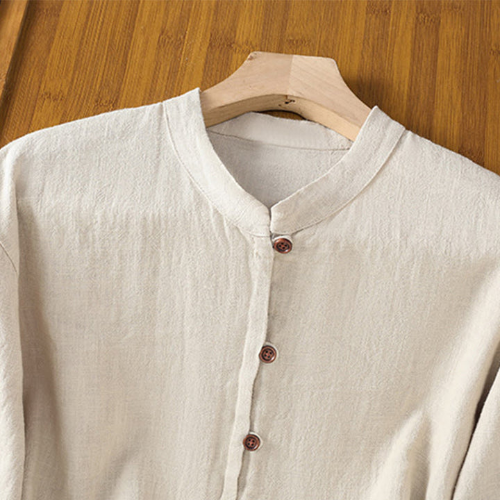 Camisa de lino y algodón para mujer con diseño de abertura y dobladillo simple en color liso con Buddha Stones - image 3