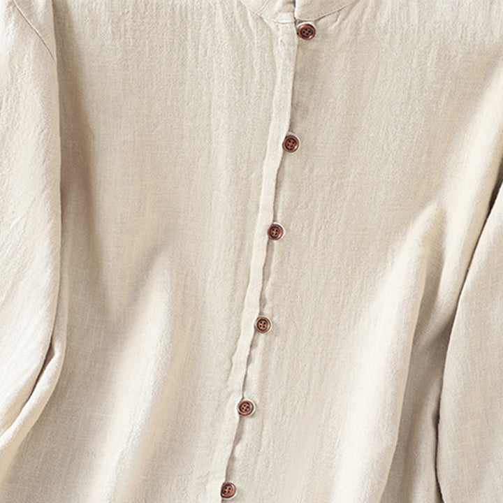 Camisa de lino y algodón para mujer con diseño de abertura y dobladillo simple en color liso con Buddha Stones - image 5