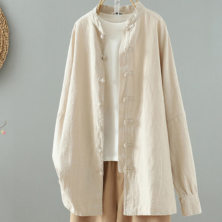Camisa de lino y algodón con diseño de rana china simple de color liso para mujer de Buddha Stones - Beige - US14，UK/AU18，EU46 (2XL) - image 1