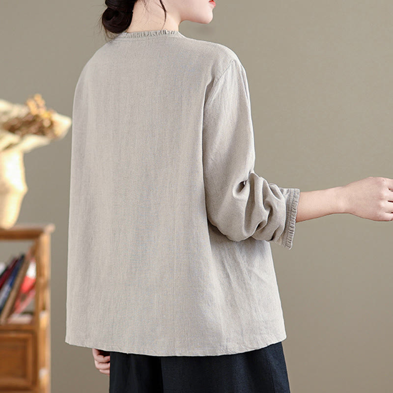 Camisa de lino y algodón para mujer con cuello redondo y volantes, diseño de botones de color liso y Buddha Stones - image 8