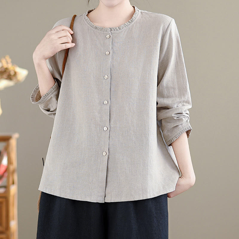 Camisa de lino y algodón para mujer con cuello redondo y volantes, diseño de botones de color liso y Buddha Stones - image 13
