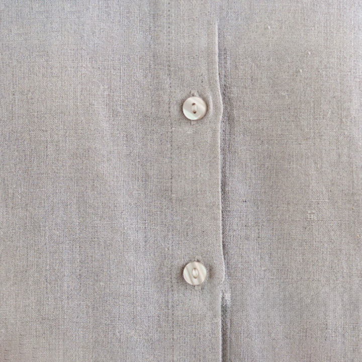 Camisa de lino y algodón para mujer con cuello redondo y volantes, diseño de botones de color liso y Buddha Stones - image 14
