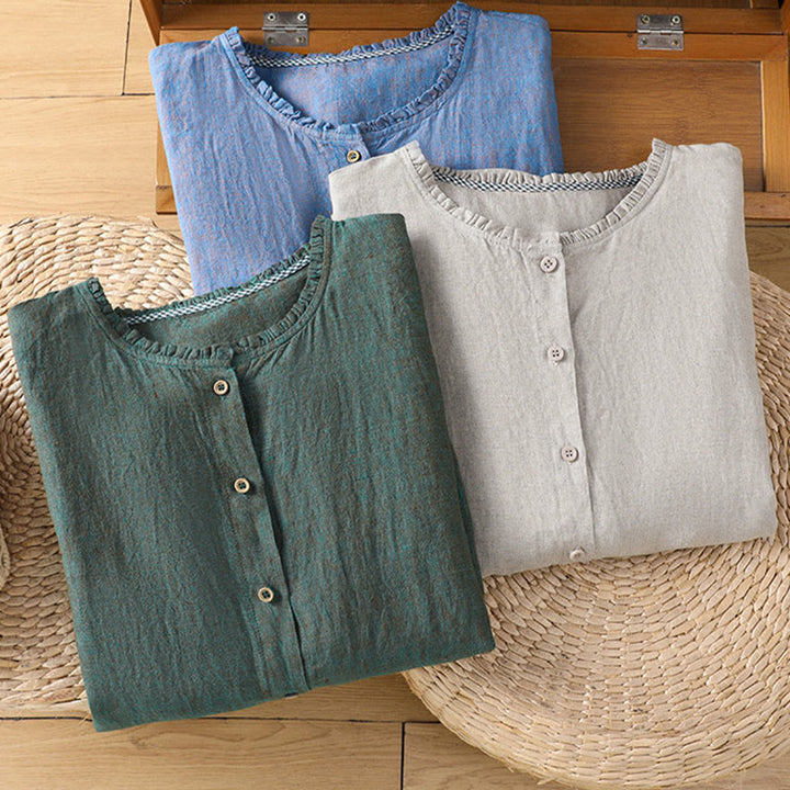 Camisa de lino y algodón para mujer con cuello redondo y volantes, diseño de botones de color liso y Buddha Stones - image 21