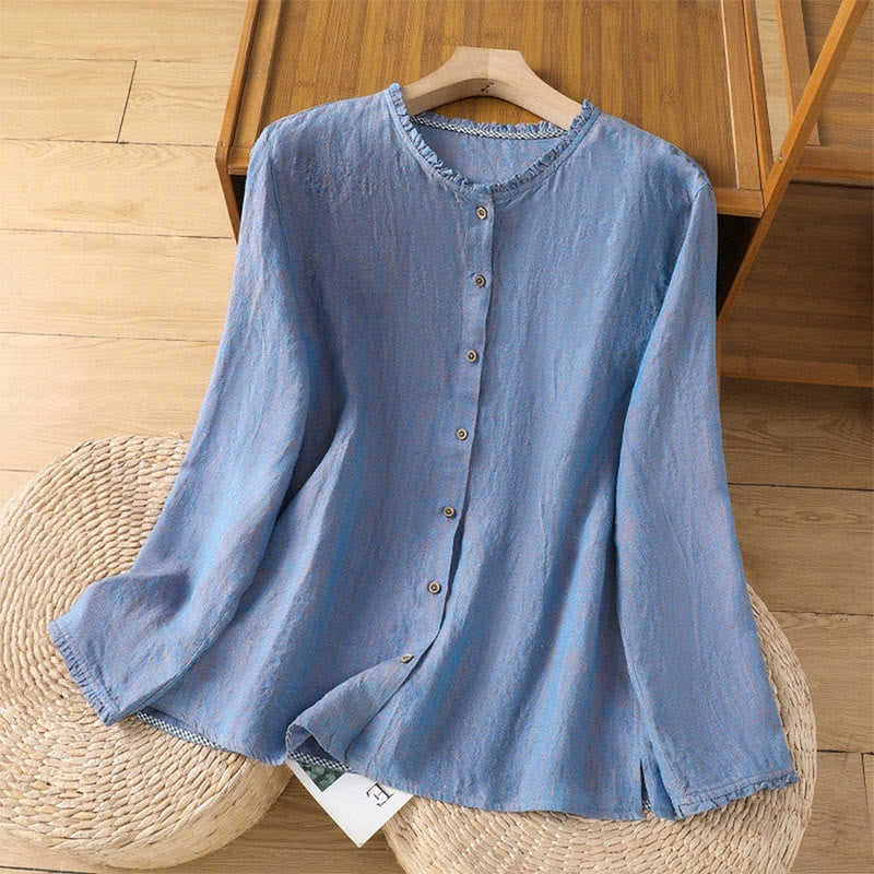 Camisa de lino y algodón para mujer con cuello redondo y volantes, diseño de botones de color liso y Buddha Stones - Azul aciano - US14，UK/AU18，EU46 (2XL) - image 17