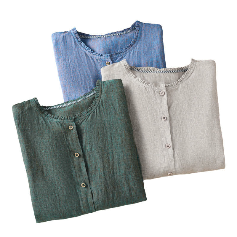 Camisa de lino y algodón para mujer con cuello redondo y volantes, diseño de botones de color liso y Buddha Stones - image 22