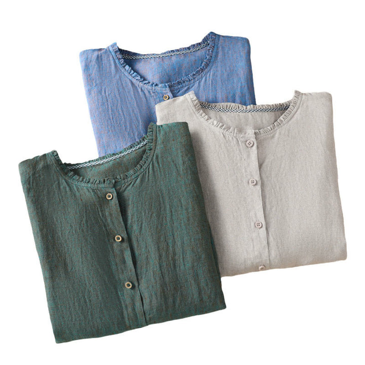 Camisa de lino y algodón para mujer con cuello redondo y volantes, diseño de botones de color liso y Buddha Stones - image 22