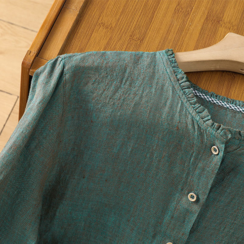 Camisa de lino y algodón para mujer con cuello redondo y volantes, diseño de botones de color liso y Buddha Stones - image 3