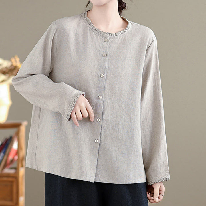 Camisa de lino y algodón para mujer con cuello redondo y volantes, diseño de botones de color liso y Buddha Stones - image 9